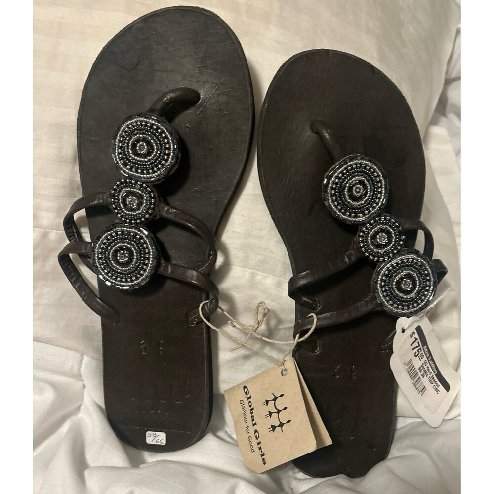 Global Girls Triple Circle Turquoise Beads Flat Sandals NWOT Size 39 US 8.5